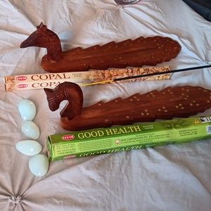 Peacock & unicorn incense holders,  copal & Good Health Incense, & opalite
